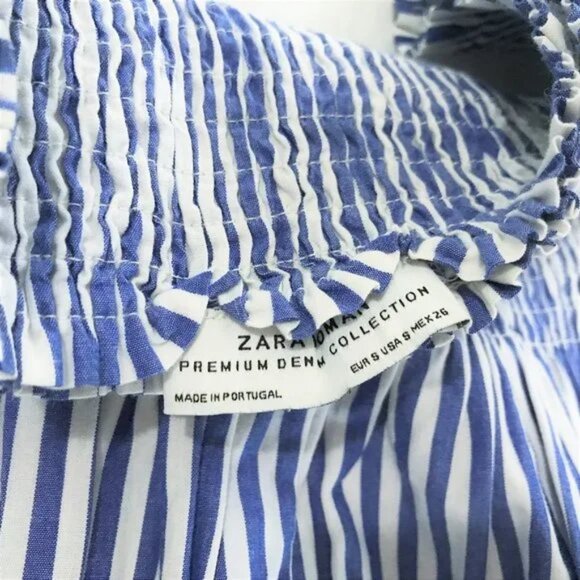 Zara Smocked Dress Bell Sleeve Blue White Striped Casual Dress S - Picture 15 of 15